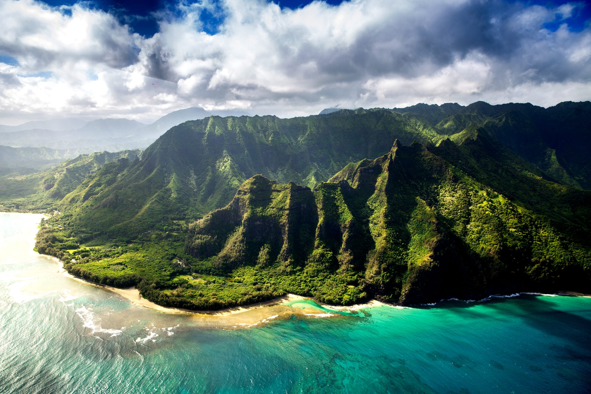 Aerial view of the Na Pali coastline on Kauai, Hawaii.